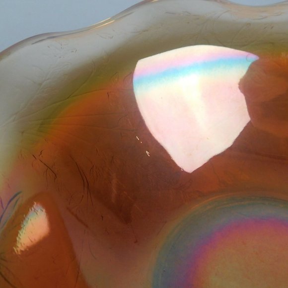 Vintage Marigold Orange Carnival Glass Bowl Ruffled Lip 9.5" Vine Flower Pattern - Picture 2 of 6